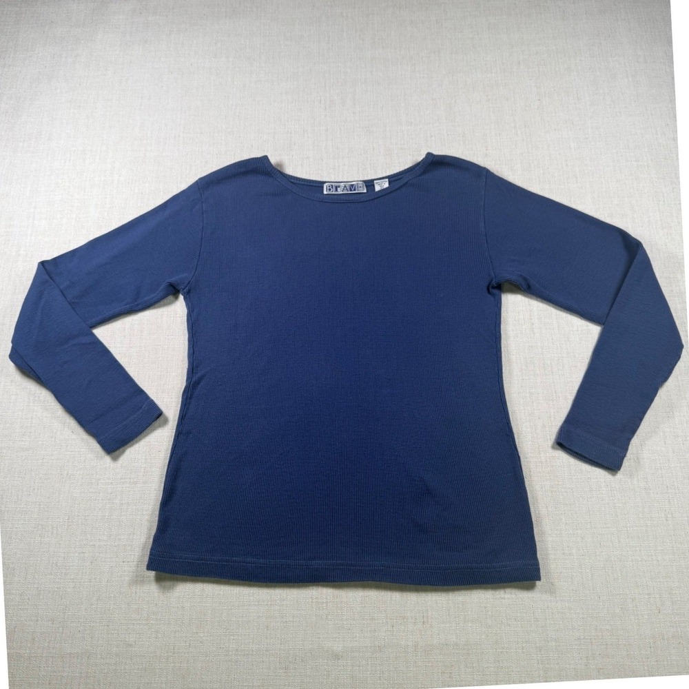 Bravo Womens Blue Ribbed Long Sleeve Top 100% Cotton Scoop Neck Size L